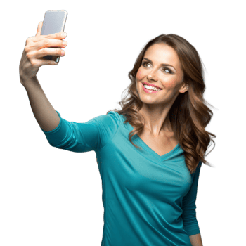 Happy woman taking selfie with smartphone on transparent background png