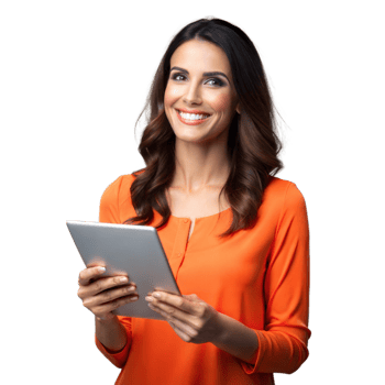 Smiling woman holding digital tablet on transparent background png