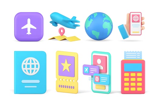 Global travel airplane destination tour tourism booking payment smartphone app set 3d icon vector