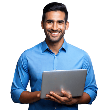 Smiling man holding laptop on transparent background png