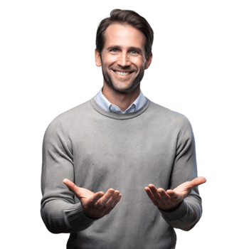 Smiling man in casual sweater with open hands on transparent background png