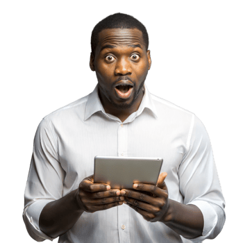 Surprised man holding tablet on transparent background png