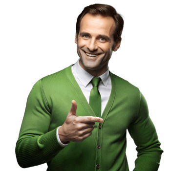 Smiling man in green sweater pointing with confidence png