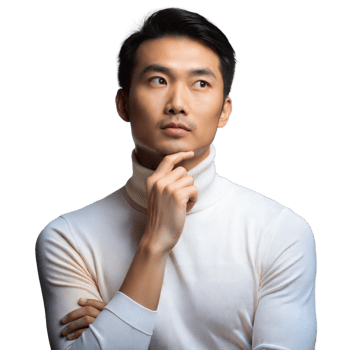 Thoughtful young man in white turtleneck on transparent background png