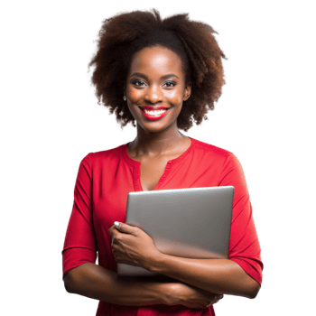 Confident woman holding a laptop on transparent background png