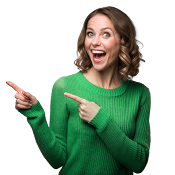 Excited woman pointing and smiling on transparent background png