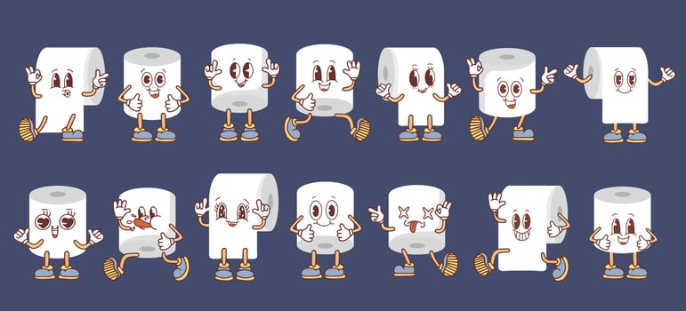Set of toilet paper rolls in different positions in kawaii style. Toilet and bathroom element. Hygiene and sanitation. Cartoon flat illustration. illustration vector