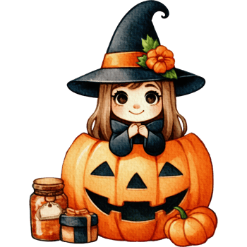 Witches sitting in Big Pumpkins Halloween adorable watercolor nursery clipart png