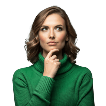 Thoughtful woman in green sweater on transparent background png