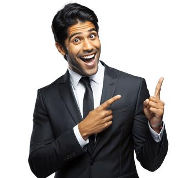 Smiling businessman enthusiastically pointing upwards on transparent background png