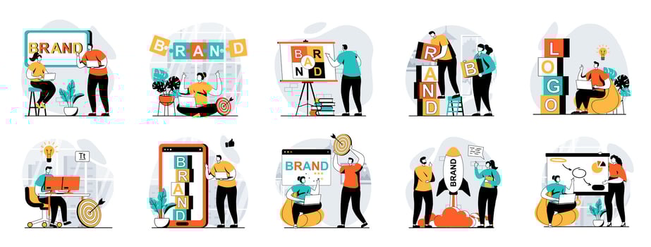Branding team web concept with people scenes mega set in flat design. Bundle of character situations with logo and identity creating, company personality, launch business brand. illustrations. vector