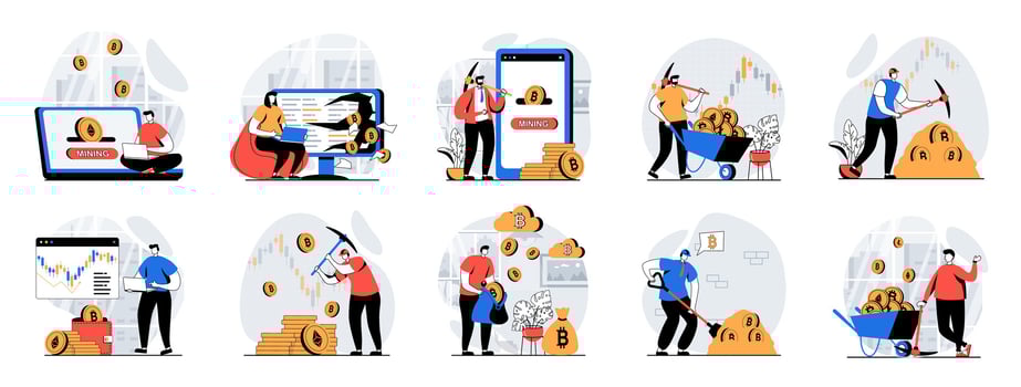 Cryptocurrency mining web concept with people scenes mega set in flat design. Bundle of character situations with make bitcoins trade operations, mining digital money at farms. illustrations. vector