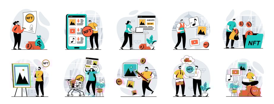 NFT token web concept with people scenes mega set in flat design. Bundle of character situations with digital art auction trading, buying virtual artwork at crypto marketplaces. illustrations. vector