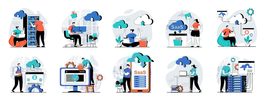 SaaS web concept with people scenes mega set in flat design. Bundle of character situations with cloud processing and programs using with subscription, software as a service. illustrations. vector