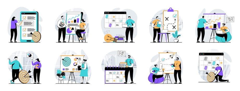 Strategic planning web concept with people scenes mega set in flat design. Bundle of character situations with generating ideas, analyze statistics, creating strategy and target. illustrations. vector