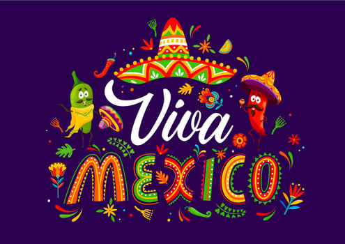 Viva Mexico banner with colorful, festive decor vector