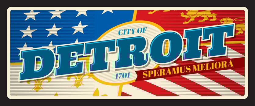 Detroit american city retro travel plate, tin sign vector