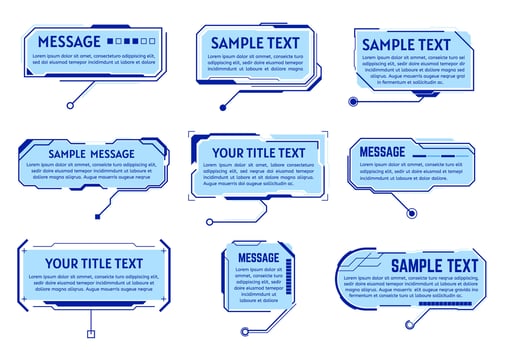 Callouts title frames. Futuristic callout information boxes, hologram interface text window. Digital interface description frames illustration set vector