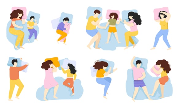 Sleeping people. Man, woman and child sleep pose, male and female characters healthy night sleep in bed. People sleeping poses illustration set vector