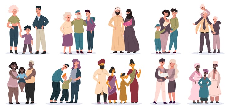 Happy families. Large families together, mom, dad and children, smiling mother, father and kids illustrations. Cartoon multiracial families vector