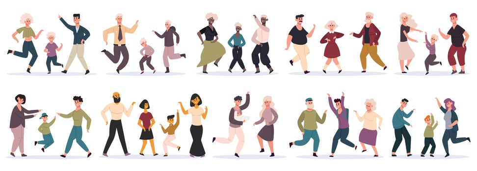 Happy dancing families. Parents dancing with children, mom, dad and kids having fun together, party at home. Family celebrating illustration set vector