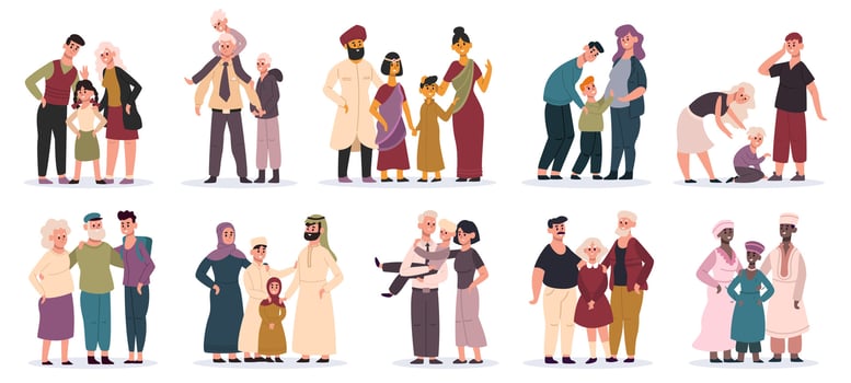 Multiracial families. Happy mothers, fathers and children, smiling family portrait. Cartoon family members illustration set vector