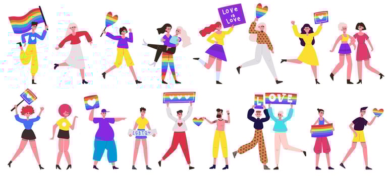 Lgbt pride parade. Love parade, lesbian, gay, bisexual and transgender community movement. Pride parade illustration set vector