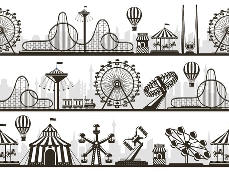 Amusement park views. Attractions park landscape silhouettes with ferris wheel and roller coaster. Entertainment park silhouette illustration set vector