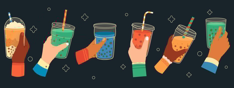 Bubble tea cups in hands. Sweet boba tea, hand holding bubble tea cup, popular taiwanese drink. Hands holding bubble tea illustration set vector