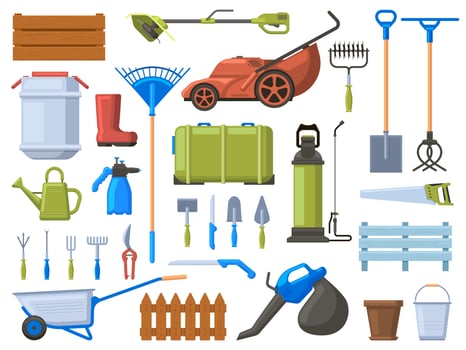 Garden equipment. Agriculture gardening work tools, lawn mower, shovel, watering equipment and rake. Gardening instruments illustration set vector