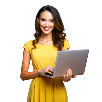 Smiling woman in yellow dress using laptop with transparent background png