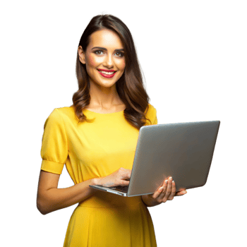 Smiling woman working on laptop wearing yellow dress on transparent background png