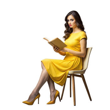 Elegant woman sitting on chair reading a book in yellow dress png