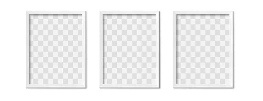 White photo frames. Empty gray simple image square border with shadow on gallery wall. Isolated picture framing design realistic 3D mockup vector