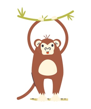 Playful baby ape character hanging on vine. Monkey having fun in rainforest and holding flute with back paws. Kid poster with cute champ. Nursery animal personage hand drawn flat illustration vector
