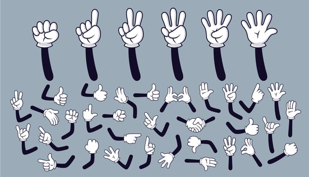 Cartoon hands. Comic arms with four and five fingers in white glove with various gestures, cartoon character body parts. Isolated set vector