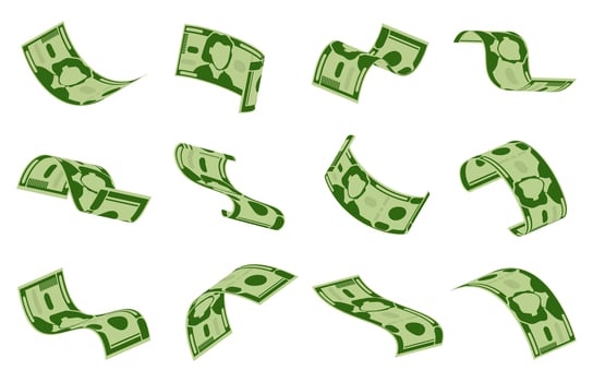 Falling dollars bills. Cash dollar banknotes rain, flying money bills seamless backdrop. Green dollars flying background illustration set. vector