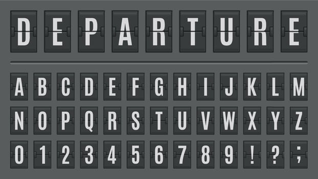 Airport flip board alphabet. Scoreboard lettering font, ABC on airport signs or countdown panels. Score board letters and numbers illustration set vector