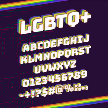 Rainbow lgbtq font. Pride 3d letters and numbers, rainbow artistic vivid lettering type symbols set. Typography striped rainbow font vector