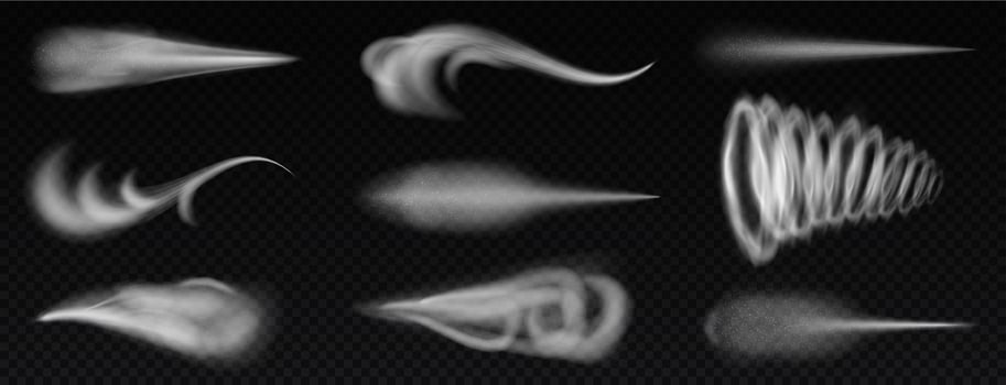 Realistic wind trails. Dust spray and smoky stream and wind blowing trails, smoky stream. Flow curved shapes illustration set vector