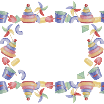 Toys square frame blank template, Pinwheel, stacking rings, bucket, shovel, blocks. Watercolor play objects for birthday, gender reveal, baptism, birth announcement card, playdate invitation png