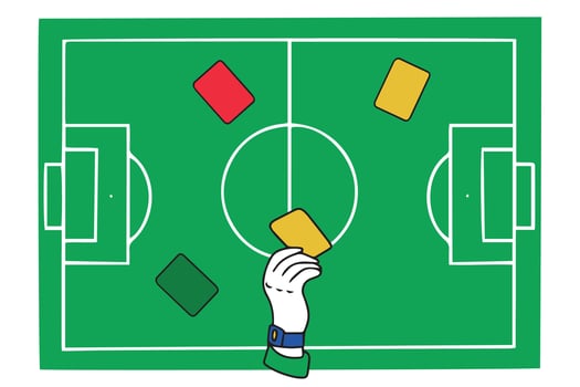 Football cards yellow, red, green in hand. The hand of a football referee holds a yellow card. A set of cards of different colors on the background of a football field. Doodle style. vector