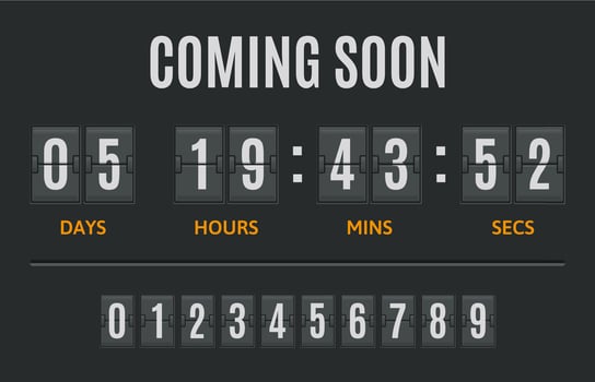 Countdown flip timer. Flip clock days, hours and minutes counter, flipclock counting display. Date timer retro display illustration set vector