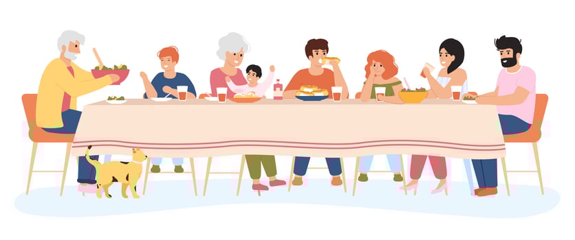 Family meal. People dining together, family eating delicious holiday meals. Dinner within family circle illustration set vector
