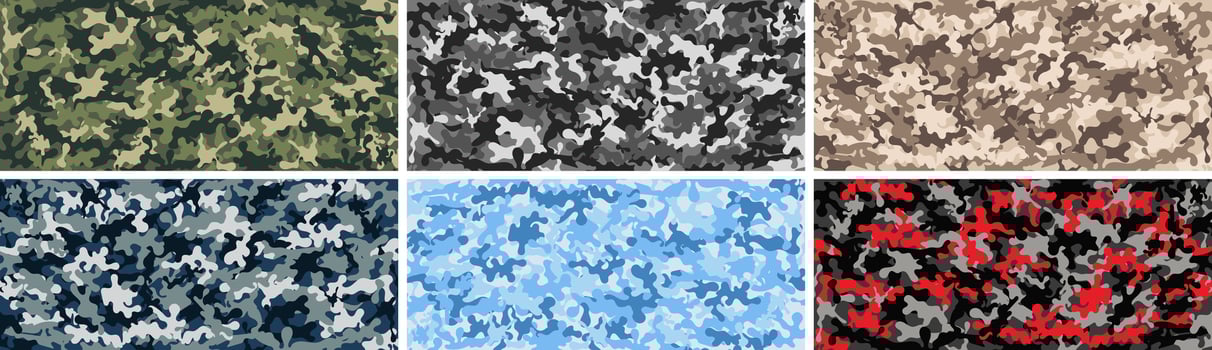 Camouflage backgrounds in green, black and grey, brown, blue and red colors vector