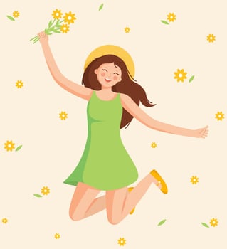 Young girl with long brown hair in summer short dress. Illustration of human jumping with bent legs. Woman with bouquet of flowers in hand. Emotions of joy and happiness. vector