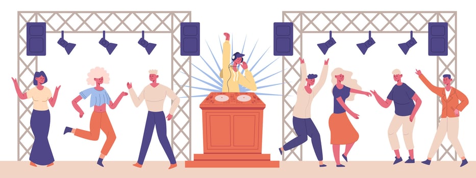 Dj musical party. Night club dancing characters and dj characters illustration. Dj music dancing entertainment event vector