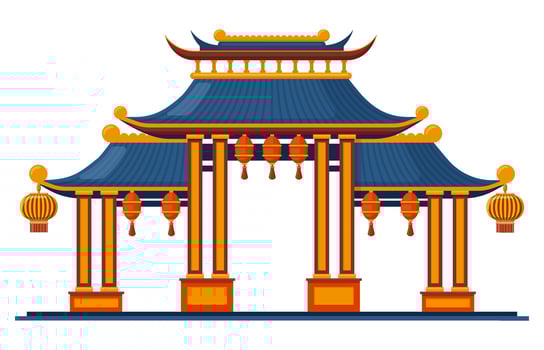 Chinese traditional entrance. Asian traditional architectural pagoda gate isolated illustration. Oriental entrance with hanging lanterns vector