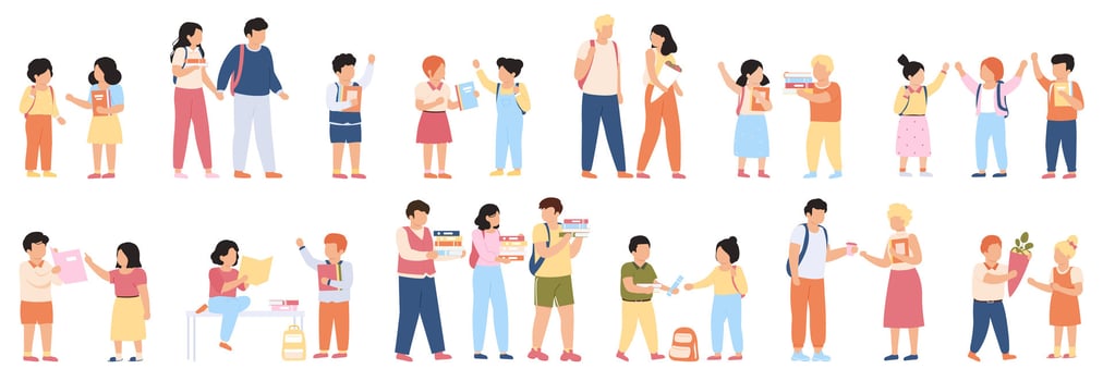 School students groups. Elementary school pupils and students with backpacks going to school together illustration set. Pupils or students group vector