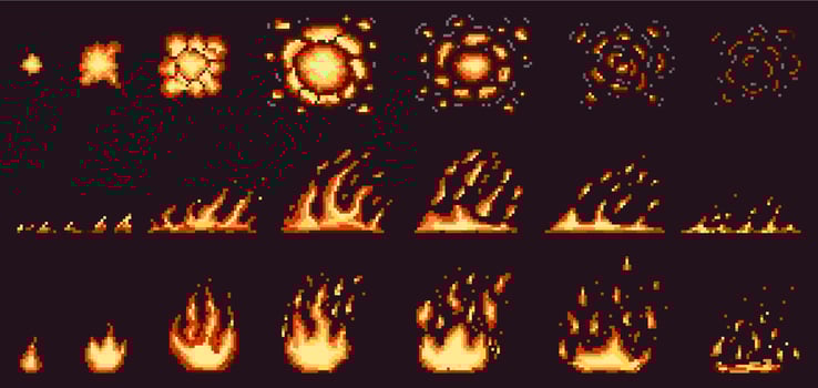 Pixel fire animation. Red hot flame, burning effect fire border and fiery explosion illustration set. Pixelated 8 bit game fire flames steps vector
